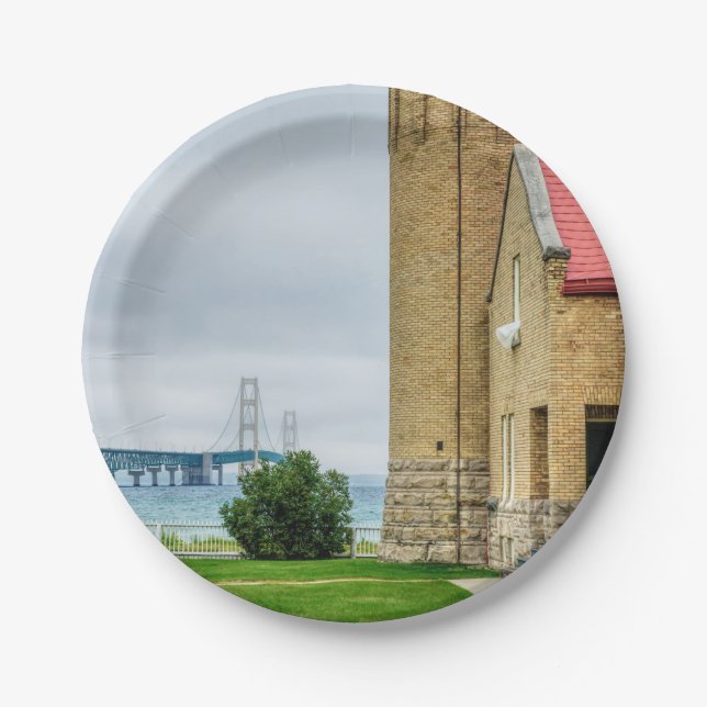 Mackinac Bridge and Lighthouse Paper Plate (Front)