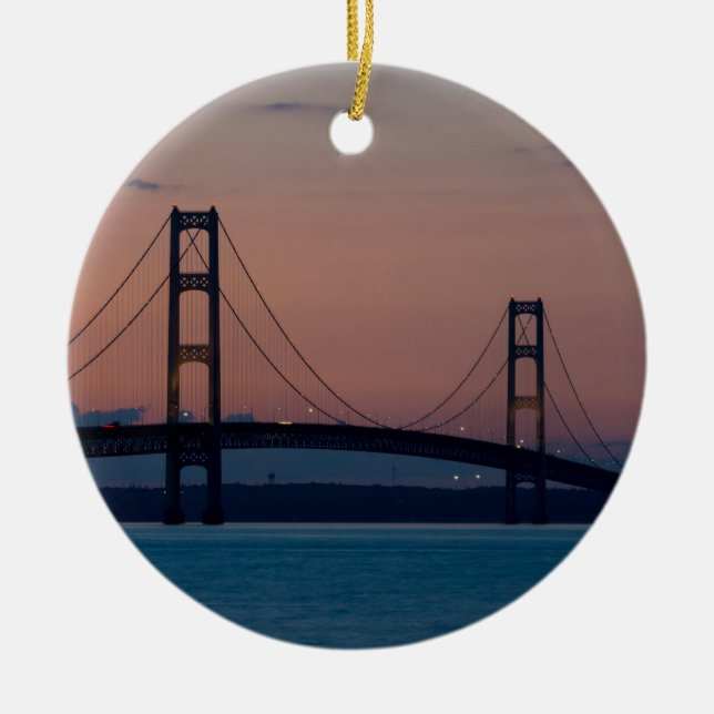 Mackinac Bridge At Dusk Ceramic Tree Decoration (Front)