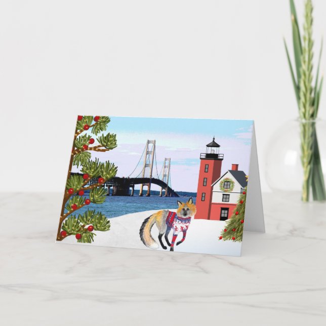 Mackinac Bridge Christmas Card with Fox (Front)