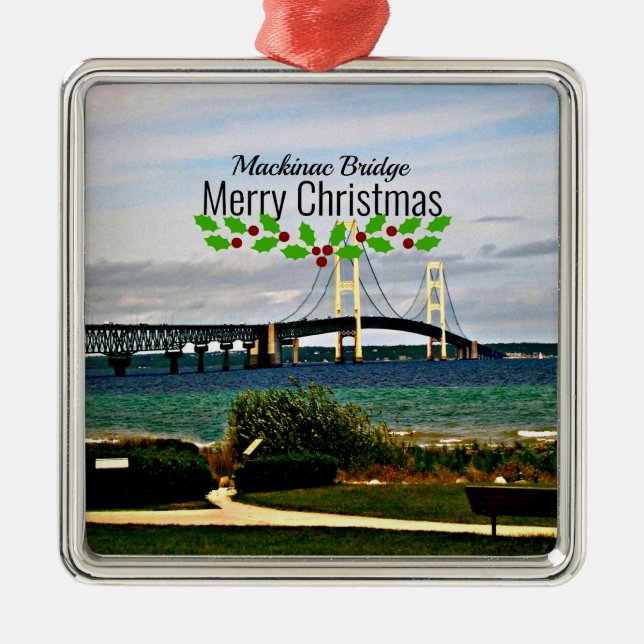 Mackinac Bridge, Merry Christmas, Metal Ornament (Front)