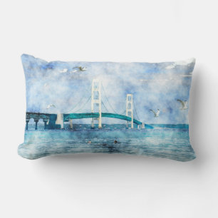 Mackinac Bridge Scenic Watercolor Art Lumbar Cushion