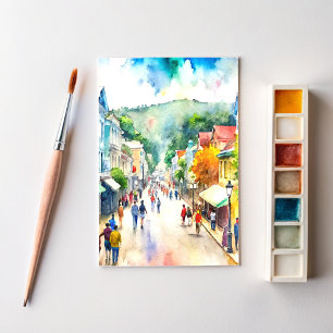 Mackinac Island Busy Street Watercolor Painting Postcard
