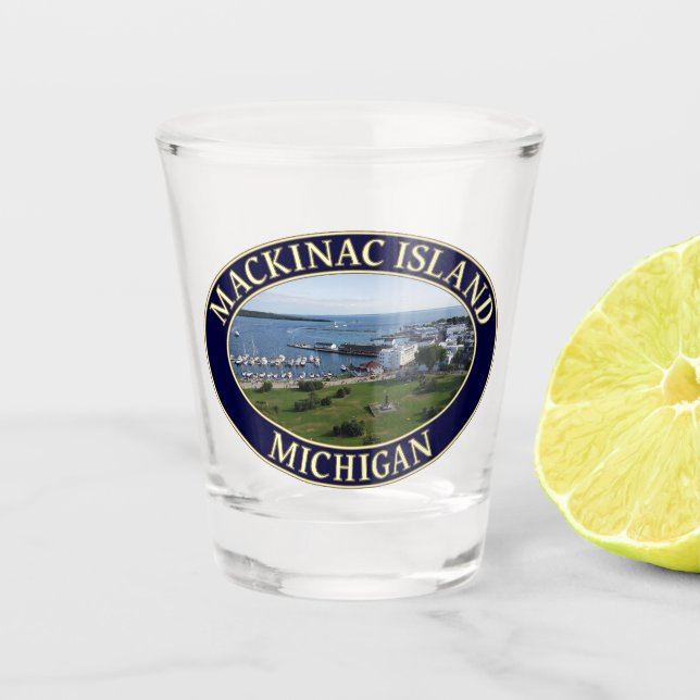 Mackinac Island Harbour & Lake Huron in Michigan Shot Glass (Front)