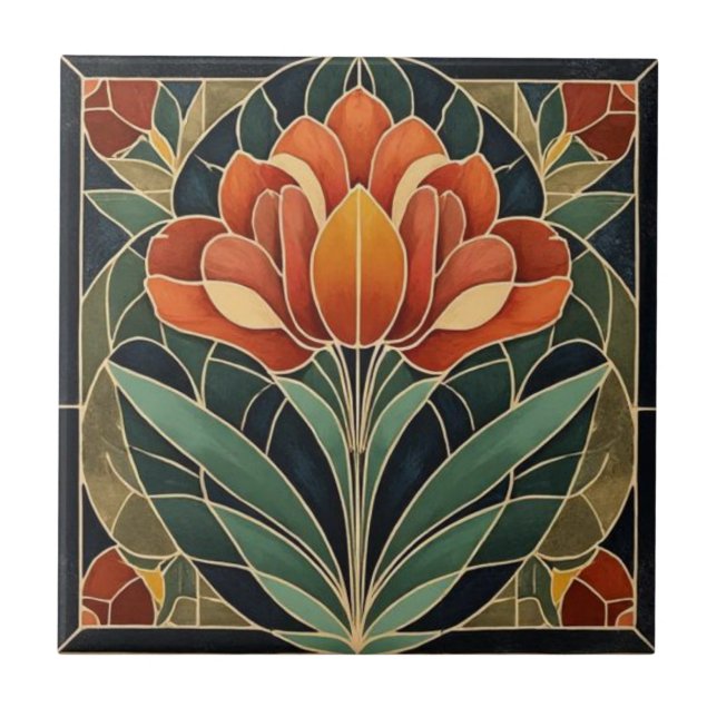 Mackintosh Art Deco Abstract Floral Wall Decor Ceramic Tile (Front)