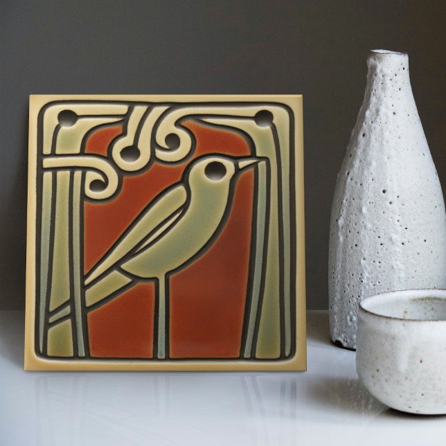 Mackintosh Bird Green Red Wall Decor Ceramic Tile (Creator Uploaded)