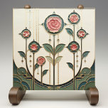 Mackintosh Rose Art Nouveau Faux Stained Glass Ceramic Tile<br><div class="desc">A fresh take on classic Mackintosh-inspired design, this elegant ceramic tile features stylised roses arranged like a faux stained-glass panel. Clean geometric framing, bead-chain details, and sweeping curved stems create a refined Art Nouveau look with a hint of Art Deco structure. The soft ivory background and muted palette of deep...</div>