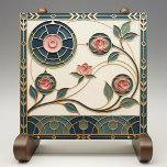 Mackintosh Rose Art Nouveau Faux Stained Glass Ceramic Tile<br><div class="desc">A fresh take on classic Mackintosh-inspired design, this elegant ceramic tile features stylized roses arranged like a faux stained-glass panel. Clean geometric framing, bead-chain details, and sweeping curved stems create a refined Art Nouveau look with a hint of Art Deco structure. The soft ivory background and muted palette of deep...</div>