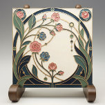 Mackintosh Rose Art Nouveau Faux Stained Glass Ceramic Tile<br><div class="desc">A fresh take on classic Mackintosh-inspired design, this elegant ceramic tile features stylised roses arranged like a faux stained-glass panel. Clean geometric framing, bead-chain details, and sweeping curved stems create a refined Art Nouveau look with a hint of Art Deco structure. The soft ivory background and muted palette of deep...</div>