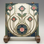 Mackintosh Rose Art Nouveau Faux Stained Glass Ceramic Tile<br><div class="desc">A fresh take on classic Mackintosh-inspired design, this elegant ceramic tile features stylized roses arranged like a faux stained-glass panel. Clean geometric framing, bead-chain details, and sweeping curved stems create a refined Art Nouveau look with a hint of Art Deco structure. The soft ivory background and muted palette of deep...</div>