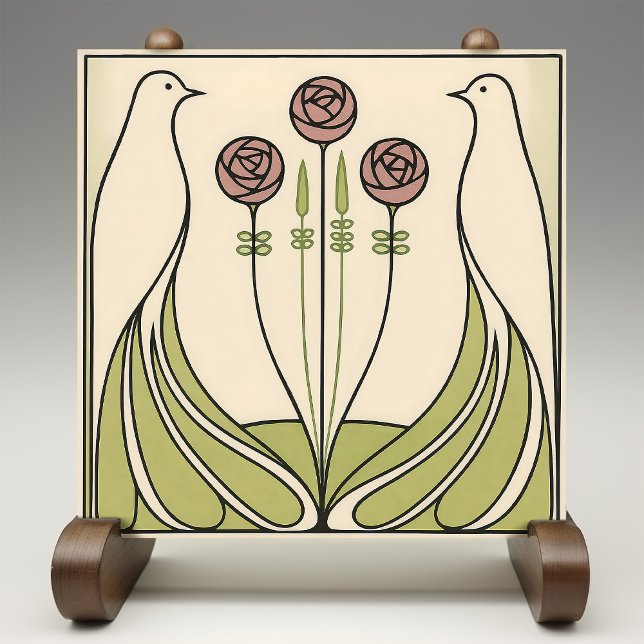 Mackintosh Rose & Birds Art Nouveau Minimalist Ceramic Tile (Creator Uploaded)