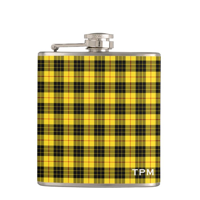 MacLeod Clan Yellow and Black Tartan Monogram Hip Flask (Front)