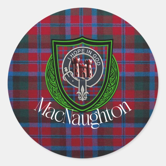 MacNaughton Scottish Clan Tartan & Crest Classic Round Sticker (Front)