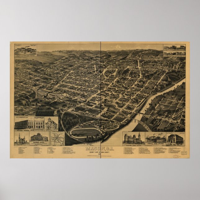 Macon Georgia 1887 Antique Panoramic Map Poster (Front)