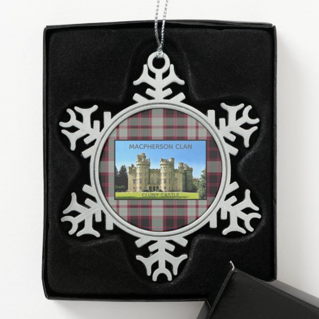 Macpherson Clan Cluny Castle Tartan Xmas Snowflake Pewter Christmas Ornament (Box)