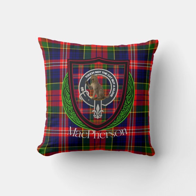 MacPherson Scottish Clan Tartan & Crest Cushion (Front)