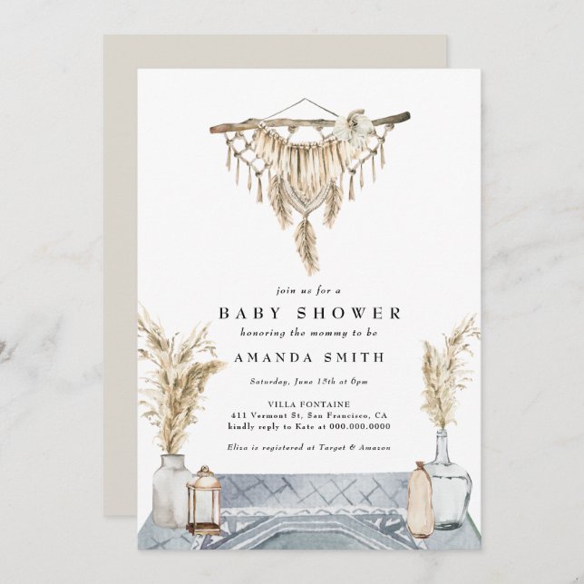 Macrame Boho Chic Rustic Boy Blue Baby Shower Invi Invitation (Front/Back)