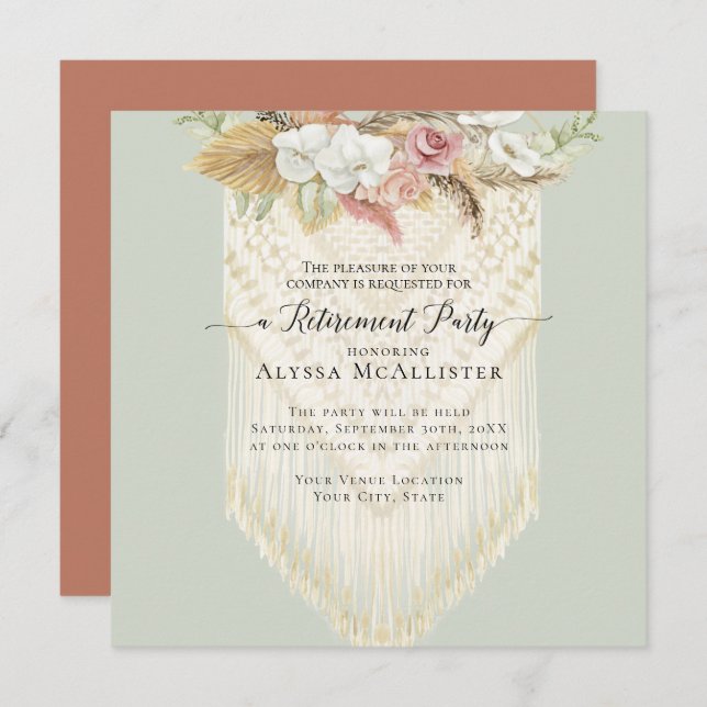 Macrame BOHO Floral Pink Pampas Grass Retirement Invitation (Front/Back)