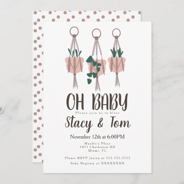 Macrame Plant Hanger Planter Boho Baby Shower Invitation (Front/Back)