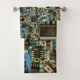Macro Blue Circuit Board PCB Photo Bath Towel Set