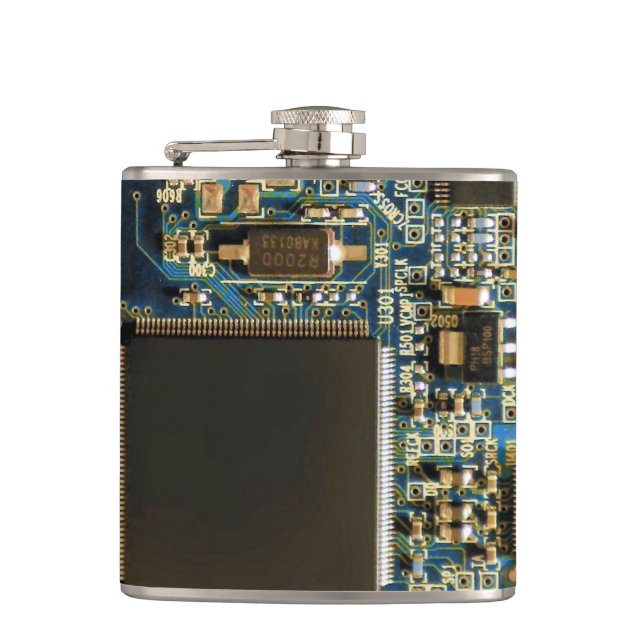 Macro Blue Circuit Board | PCB Photo Hip Flask (Front)