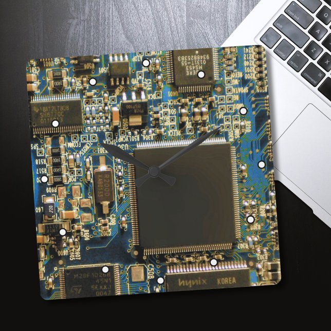 Macro Blue Circuit Board | PCB Photo Square Wall Clock (Creator Uploaded)