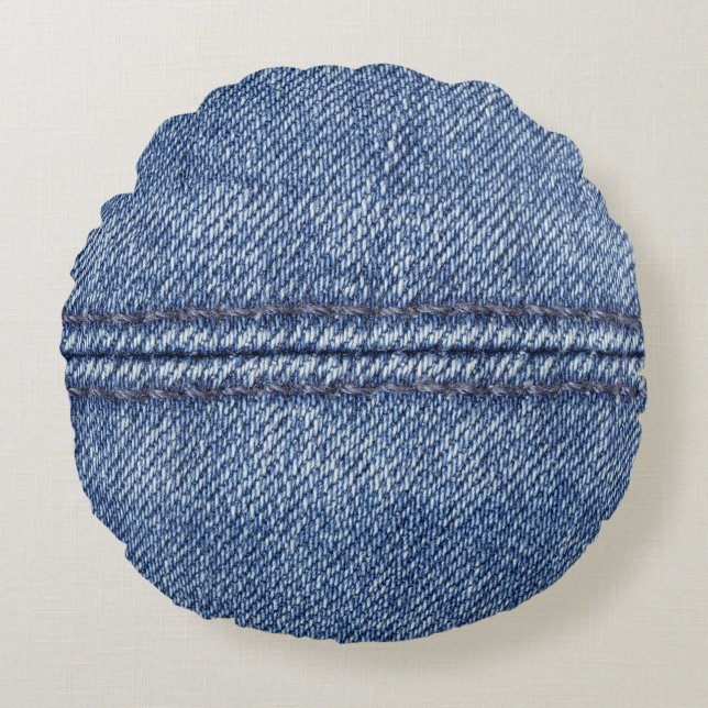 Macro Blue Denim, Close-Up Texture. Round Cushion (Front)