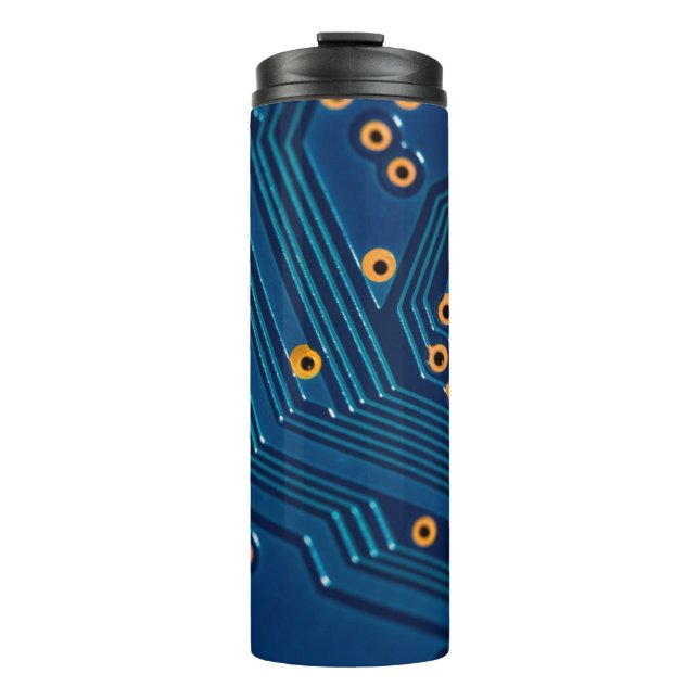 Macro close up view of computer electronic board,  thermal tumbler (Front)