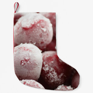 Macro frozen berries, closeup texture. small christmas stocking