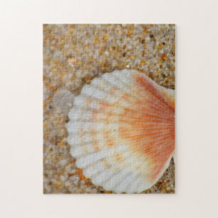Macro of Scallop Sea Shell in the Sand on Beach Jigsaw Puzzle