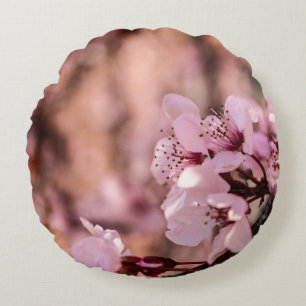 MACRO PHOTOGRAPHY OF BLOOMING PINK CHERRY BLOSSOMS ROUND CUSHION