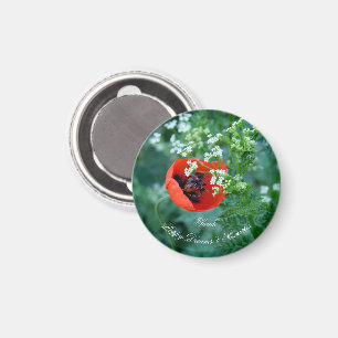 Macro Red Poppy Photo Custom Name Floral Magnet