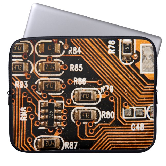 macro shot of circuitboard,cables,capacitors,card, laptop sleeve (Front)