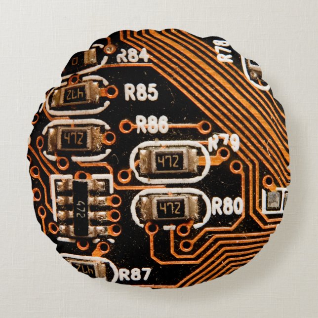 macro shot of circuitboard,cables,capacitors,card, round cushion (Front)