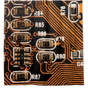 macro shot of circuitboard,cables,capacitors,card, shower curtain