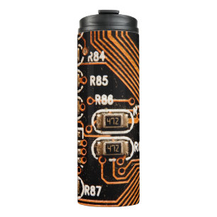 macro shot of circuitboard,cables,capacitors,card, thermal tumbler