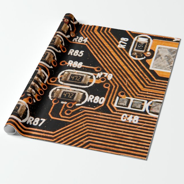 macro shot of circuitboard,cables,capacitors,card, wrapping paper (Unrolled)