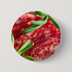 Macro view of the cut pieces of sausage 6 cm round badge