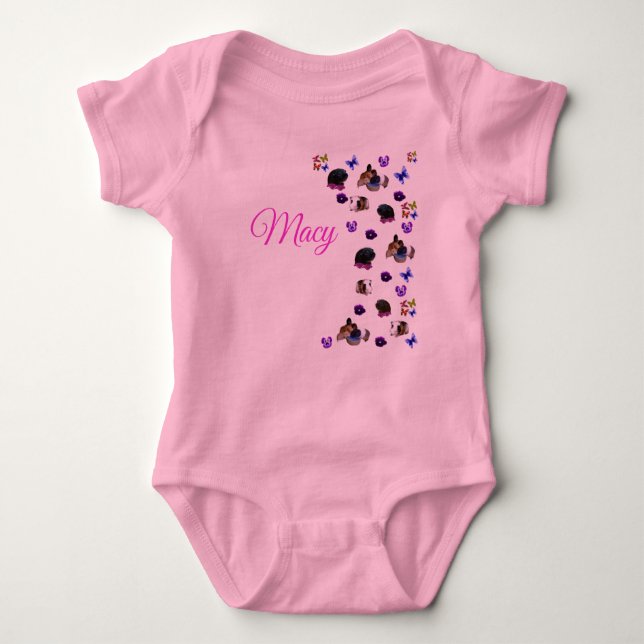 Macy, Name, With Guinea Pigs And Pansies,  Baby Bodysuit (Front)