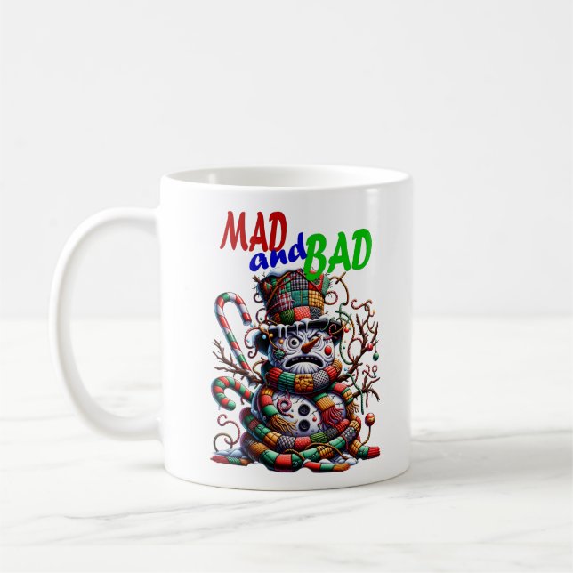 Mad and Bad, grumpy funny Snowman, fantasy art Coffee Mug (Left)