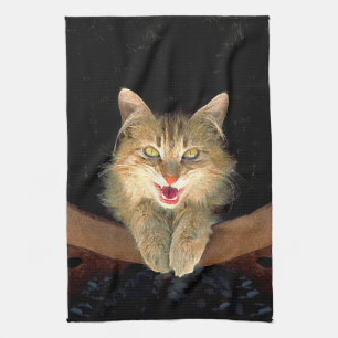 Mad Cat Painting - Cute Original Cat Art Tea Towel