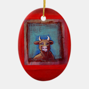 Mad Cow sad indignant upset emotional fun ART Ceramic Ornament
