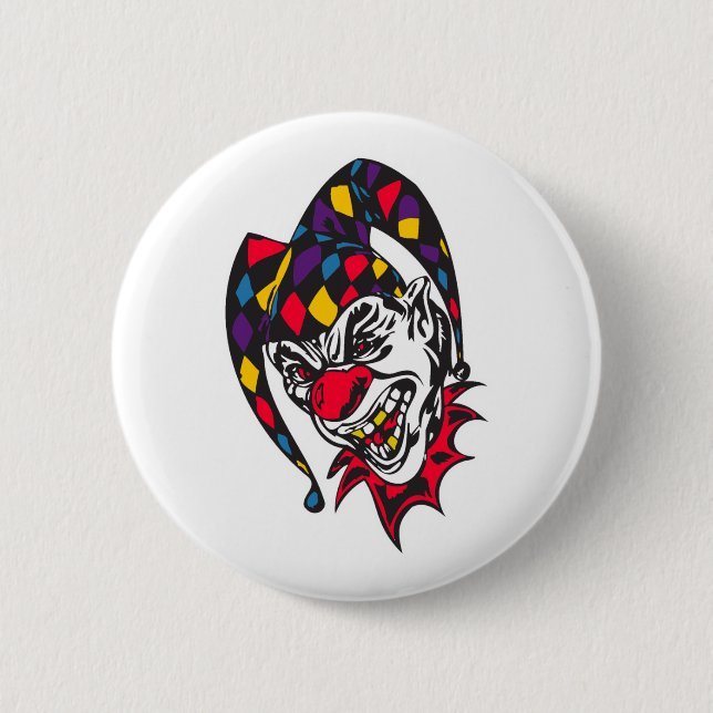 mad evil jester clown 6 cm round badge (Front)
