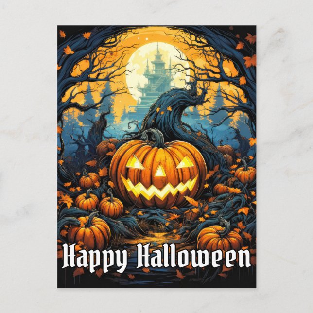 Mad Glowing Pumpkin | Happy Halloween Postcard (Front)