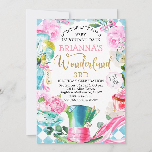 Mad Hatter Alice In Wonderland Birthday Invitation (Front)