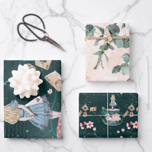 Mad Hatter Alice In Wonderland Collage Decoupage Wrapping Paper Sheet (Front)