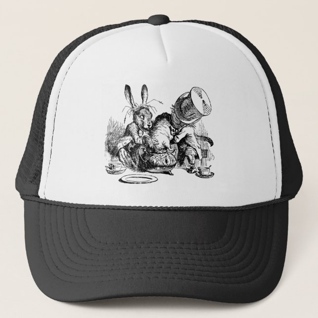 Mad Hatter and March Hare dunking the Dormouse Trucker Hat (Front)