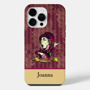 Mad Hatter Burgundy and Gold Damask with Monogram  iPhone 14 Pro Max Case