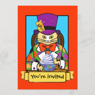 Mad hatter Cat birthday invite