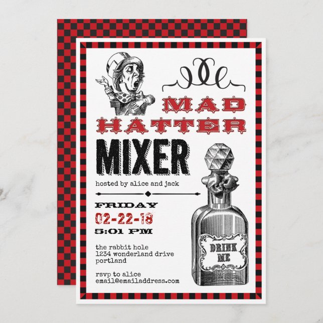 Mad Hatter Mixer Party on White Invitation (Front/Back)