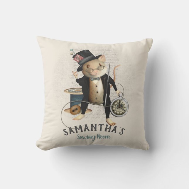Mad Hatter Mouse Sewing Design Illustration Cushion (Front)